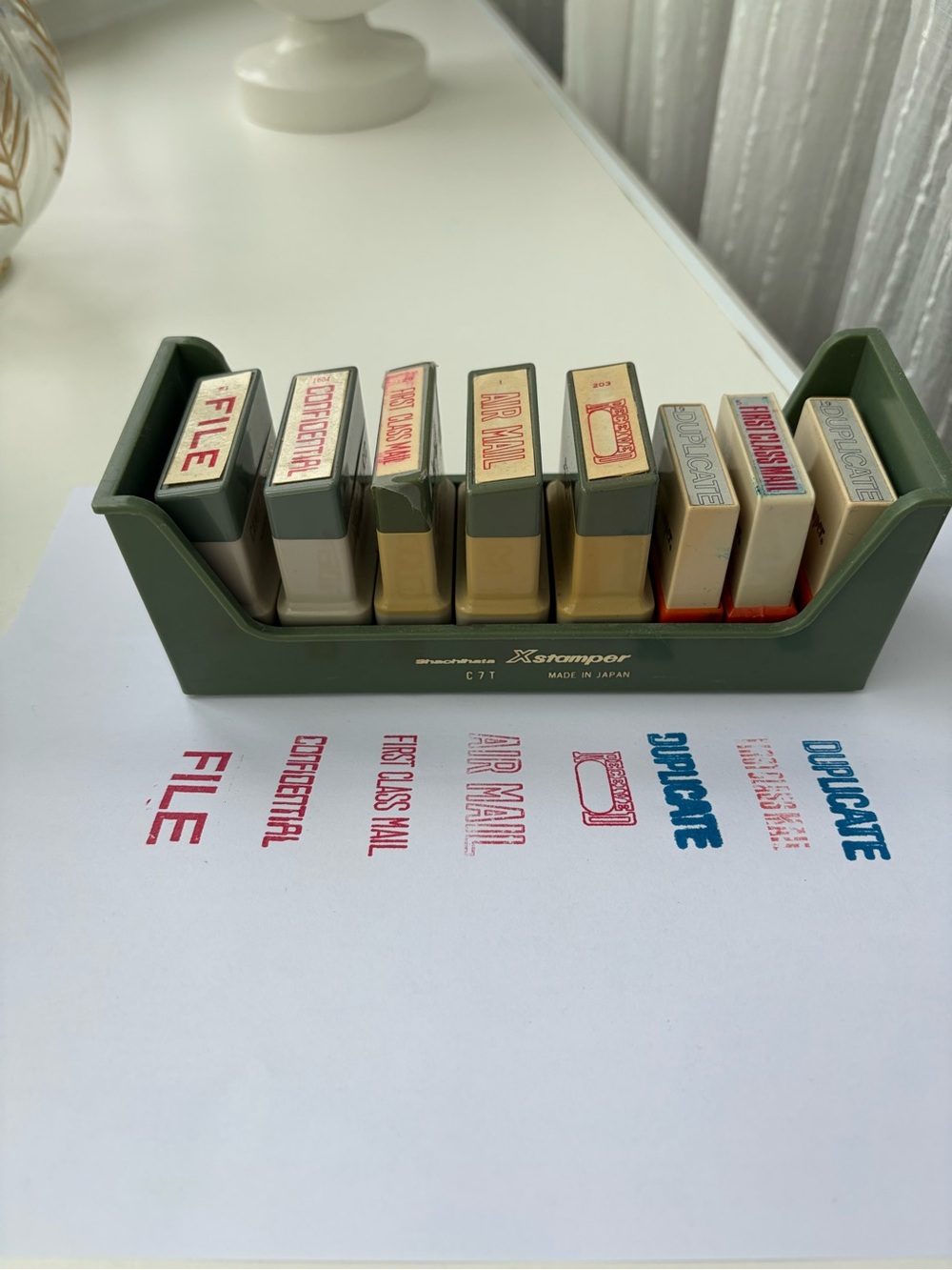 VTG Shachihata Xstamper Set C7T Office Stamps Holder Japan Red Blue 8 Lot Canex